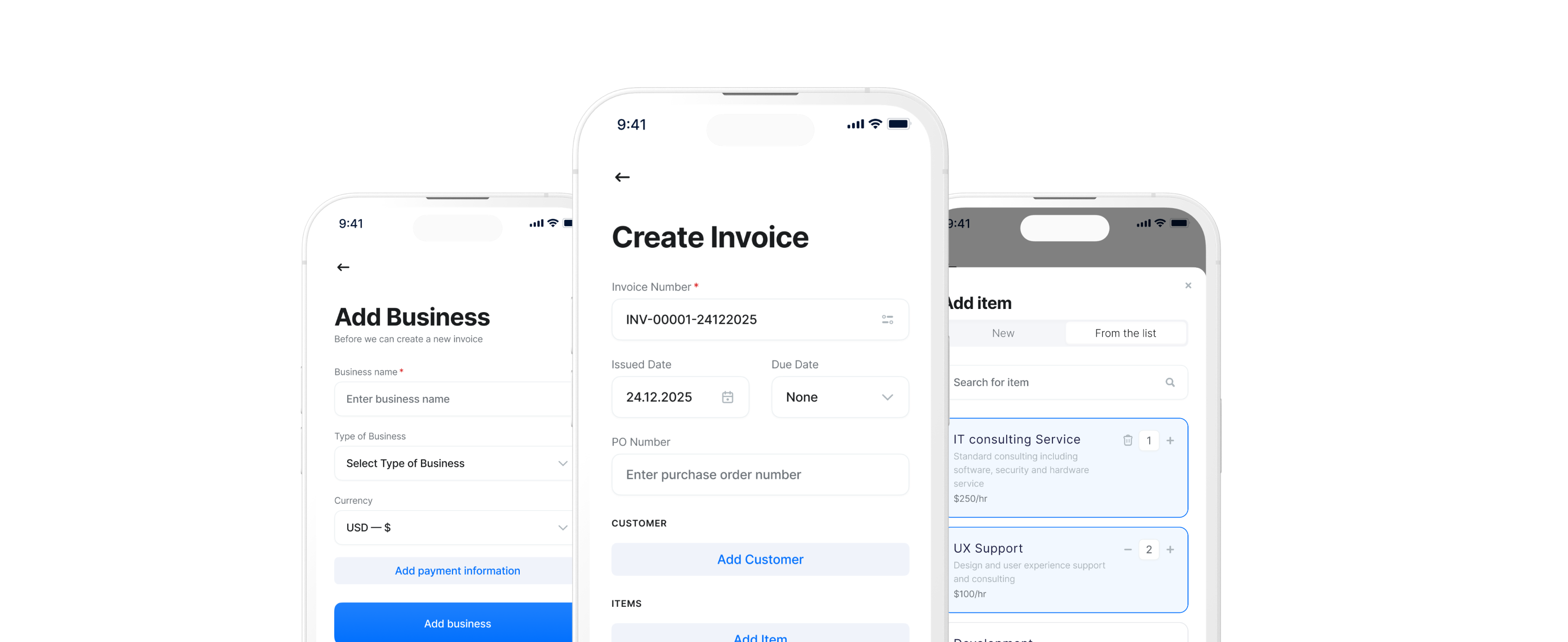 Vox Invoice Maker app screens - Create Invoice, Add Business, and Add Item